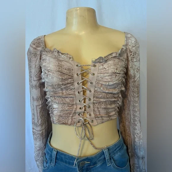 Windsor Lace-Up Paisley Blouse in Cream and Brown - Picture 1 of 6